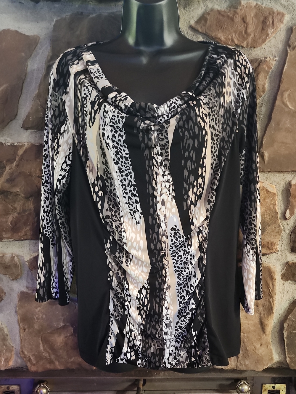 Dana Buchman Black Cream Animal-Print Drape Neck Blouse